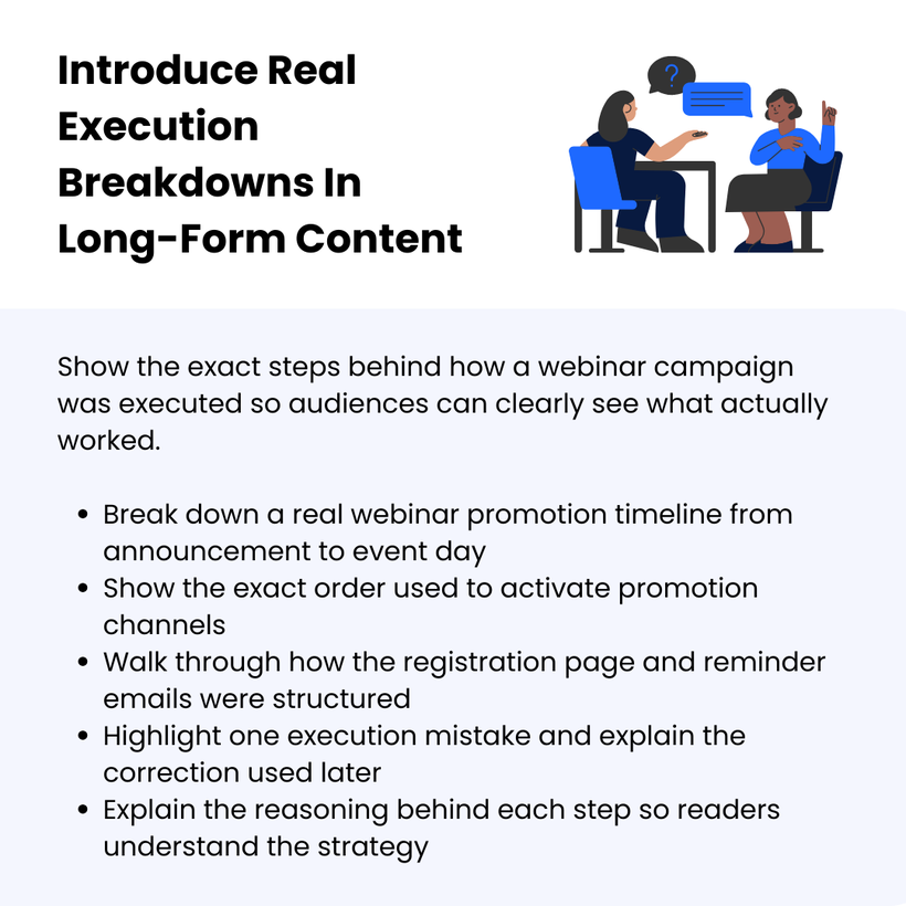 Two people seated at a table discussing content strategies, with tips on breaking down a webinar promotion process listed alongside.