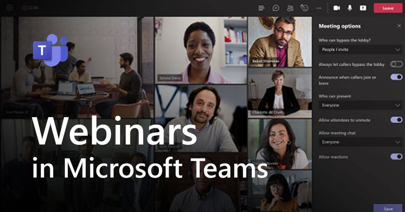 A Microsoft Teams meeting with diverse participants, titled "Webinars in Microsoft Teams."