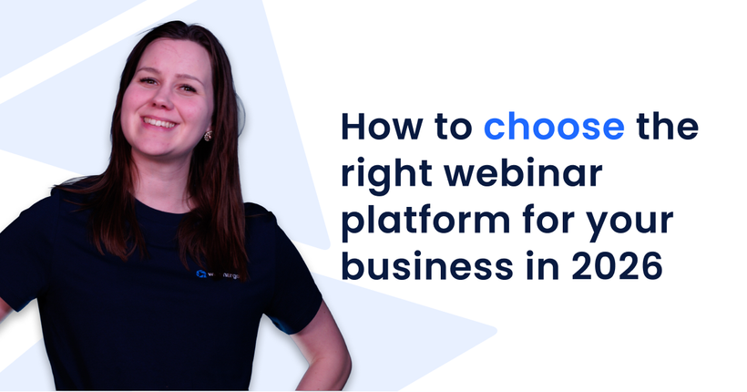 Smiling person next to text: "How to choose the right webinar platform for your business in 2026."