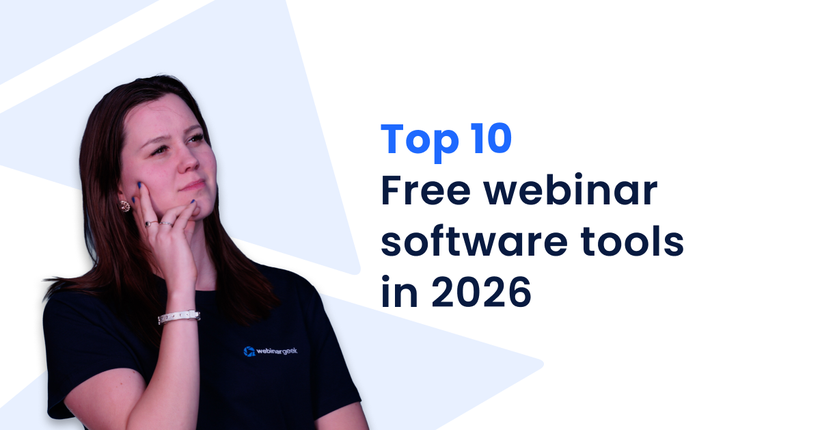 Woman thinking with title Top 10 Free Webinar Software Tools in 2026