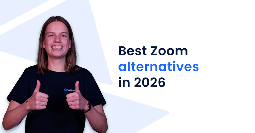 Person giving thumbs up beside text saying "Best Zoom alternatives in 2026" on a light background.