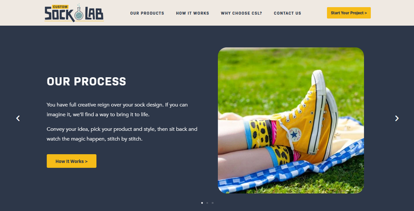 Person lying on grass with legs crossed, wearing yellow sneakers and colorful socks, next to a promotional text section about creating custom sock designs.