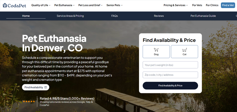 Website for pet euthanasia services in Denver, CO, offering bookings for dogs and cats with a price range and ratings displayed.