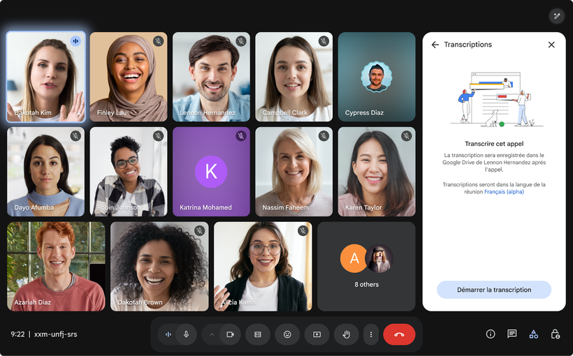 Video conference with diverse participants in individual boxes, and a transcription box on the right side.