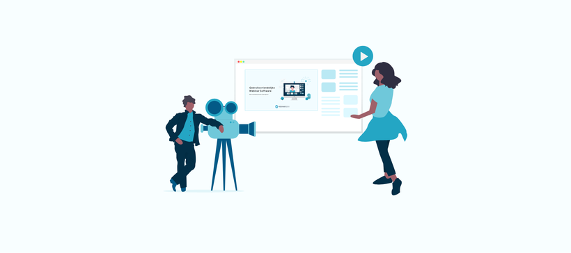 Illustration man with camera and woman looking at webinar on screen