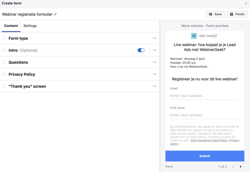 Creating a form field in Facebook