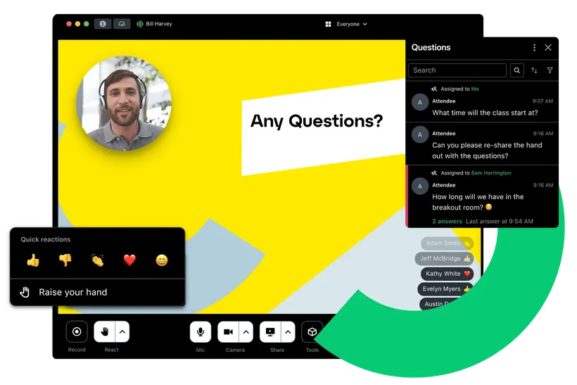 A virtual meeting interface with a speaker's video, chat messages, and options like reactions and "Raise your hand." Bright yellow background.