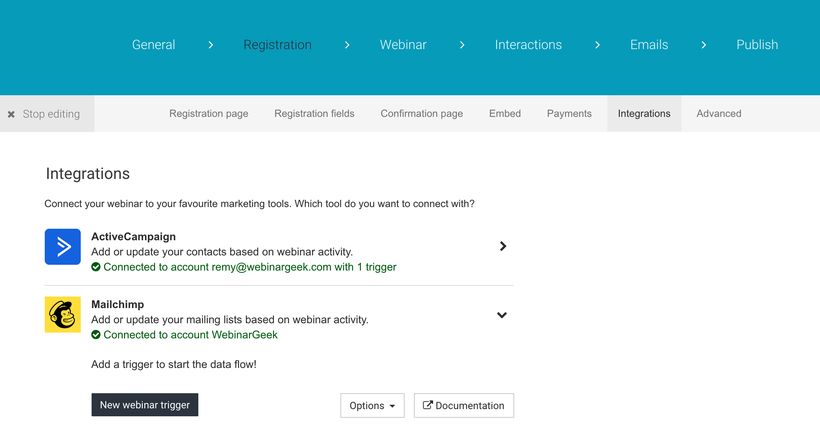 Screenshot of integrations for individual webinar