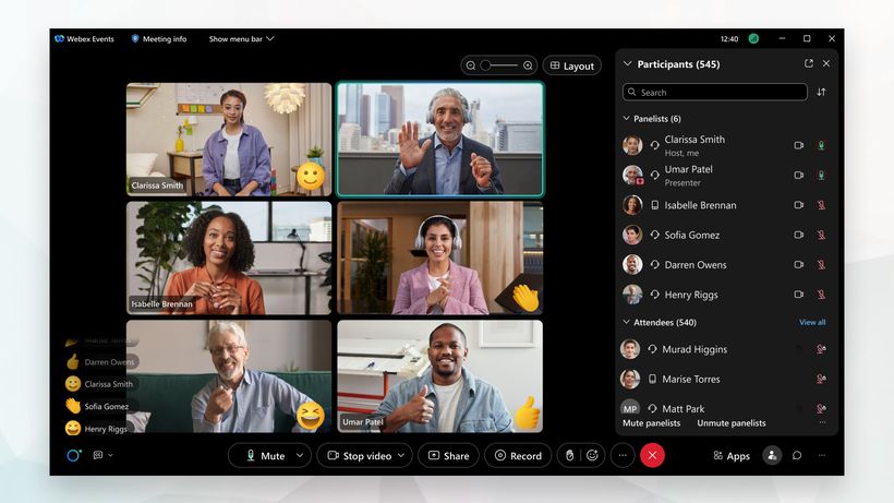 A virtual meeting with six participants in a grid, each smiling or waving. The participant list is visible on the right side.