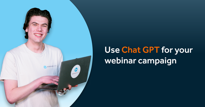 Guy with laptop next to text 'use chat gpt for your webinar campaign' 