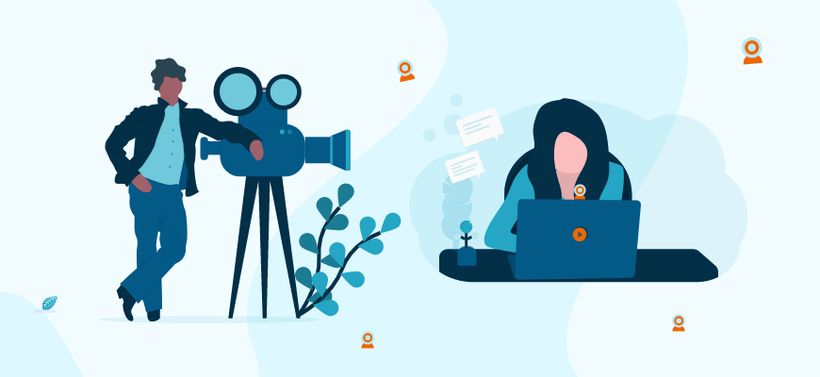 Illustration of man with camera and woman hosting webinar
