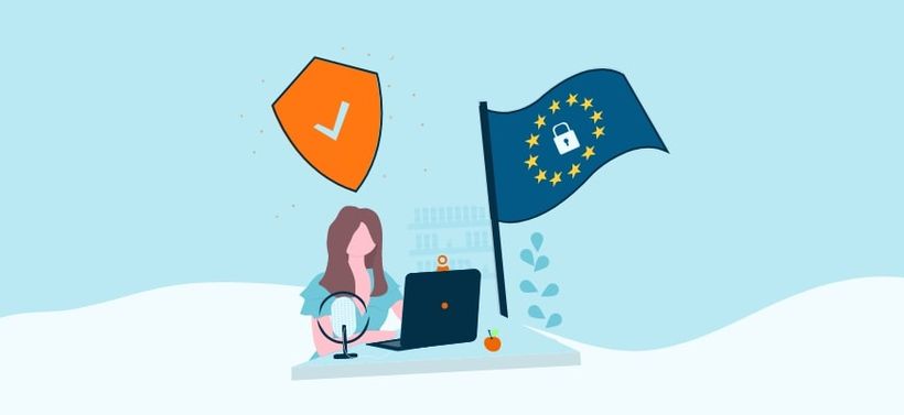 Illustration of girl hosting webinars with EU flag with a lock and an orange shield with a check