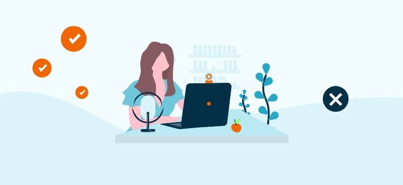 Illustration of girl hosting webinars with icons of checks and crosses next to her