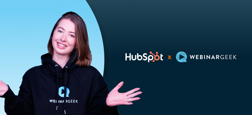 Woman standing with arms open, next to her the logos from HubSpot and WebinarGeek