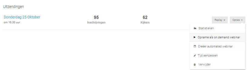 Screenshot van omzetten opname naar on demand webinar
