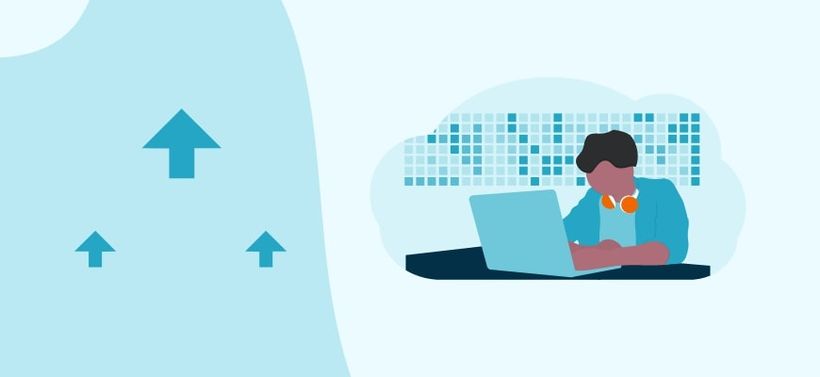 Illustration of guy sitting behind laptop and arrows point upwards