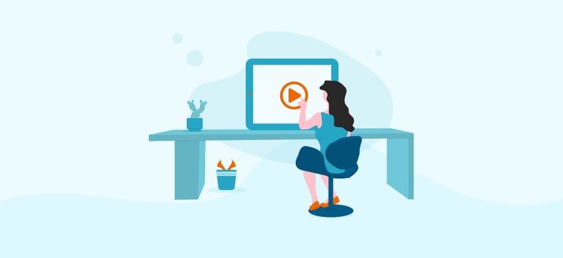Illustration girl sitting behind desk looking at screen