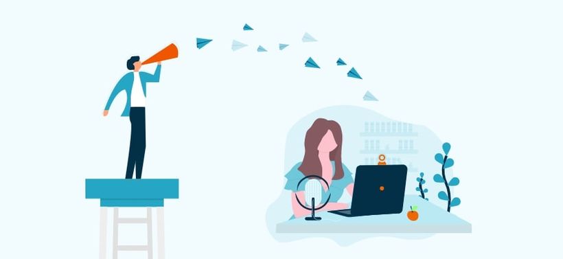 Illustration of man sharing information which woman receives on her laptop