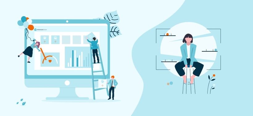 Illustration of desktop screen, next to it girl on barchair 
