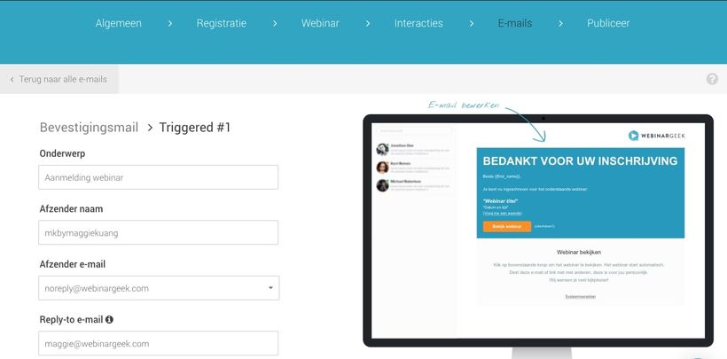 Screenshot WebinarGeek app confirmation mail settings