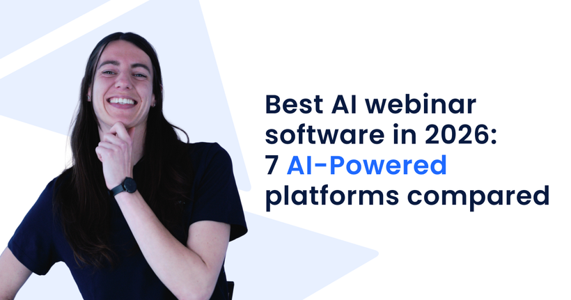Smiling person with long hair beside text: "Best AI webinar software in 2026: 7 AI-Powered platforms compared."