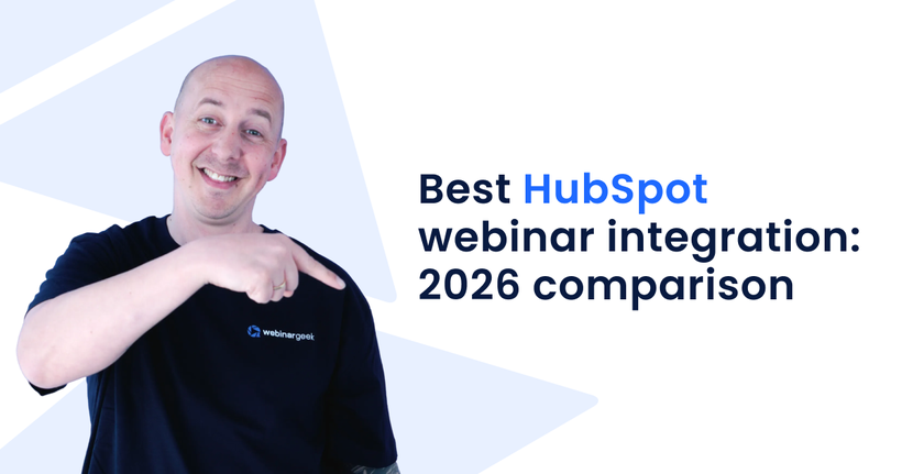 Man in a black shirt smiling and pointing to text: "Best HubSpot webinar integration: 2026 comparison."
