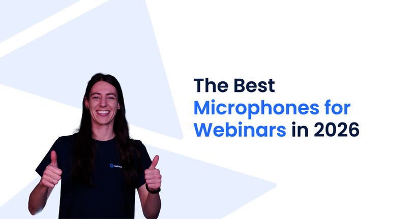 Smiling person giving thumbs up next to text "The Best Microphones for Webinars in 2026" on a light geometric background.