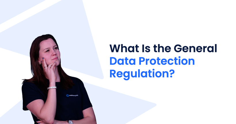 A woman in a dark shirt is pondering beside the text "What is the General Data Protection Regulation?" set against a geometric background.
