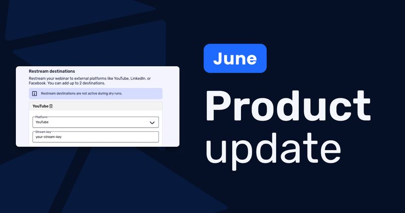 June product update banner highlighting restream destinations feature for YouTube, LinkedIn, or Facebook.