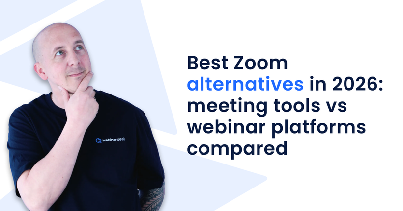 Man in a dark shirt contemplating next to text about Zoom alternatives in 2026, comparing meeting tools and webinar platforms.