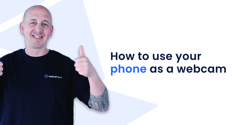 A smiling person giving thumbs up beside text "How to use your phone as a webcam" on a white and blue background.