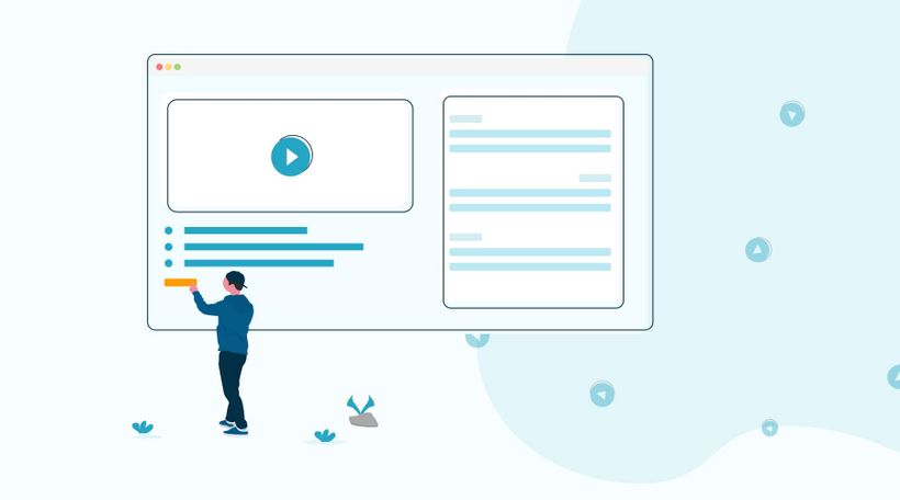 Illustration guy touching a big screen with a webinar