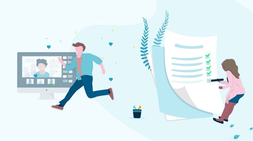 Illustration guy running next to webinar screen and girl writing a checklist