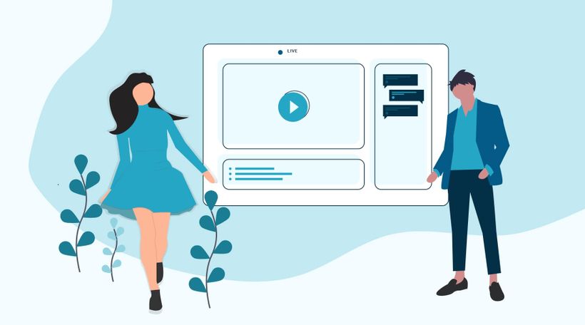 Illustration guy and girl in front of a webinar screen