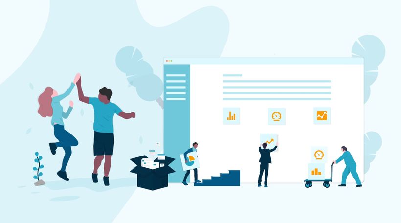 Illustration girl and guy giving high five next to screen