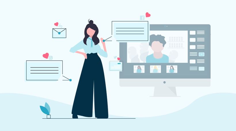 Illustration girl standing with screen in the background