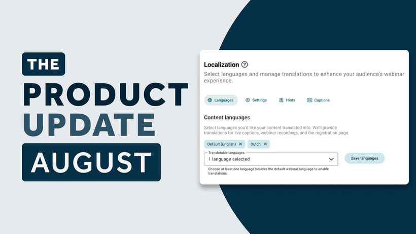Graphic titled "The Product Update August" featuring a localization settings interface with language options.