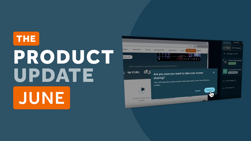 Graphic with text "The Product Update June" and a blurred screenshot of a screen-sharing confirmation dialog on a computer interface.
