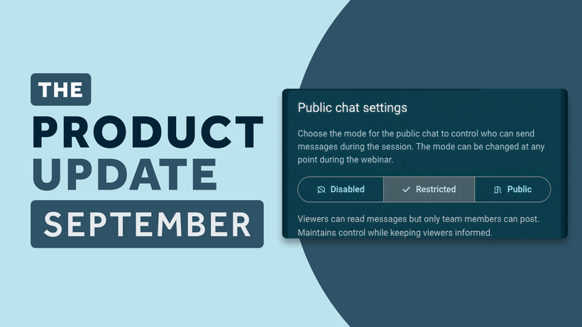 Text saying "The Product Update September" and a pop-up about "Public chat settings" with options: Disabled, Restricted, Public.