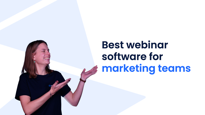 Person in a black shirt smiling and gesturing towards text reading "Best webinar software for marketing teams" on a light blue background.