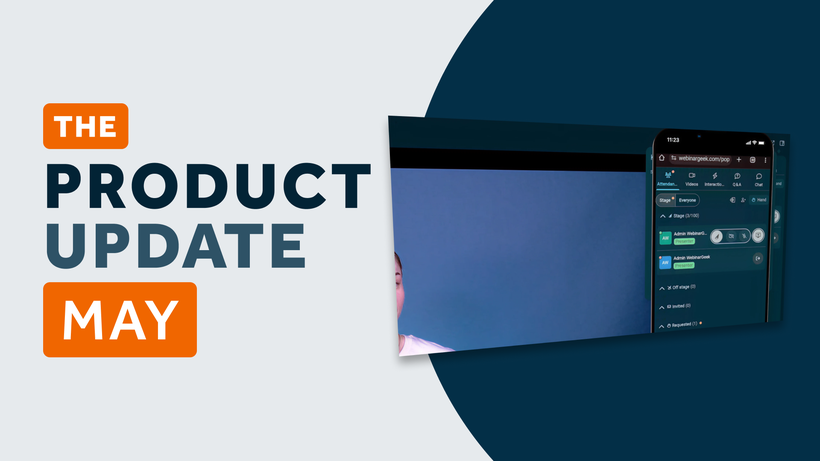 Graphic with text 'The Product Update May' and a partial laptop screen showing a messaging app.