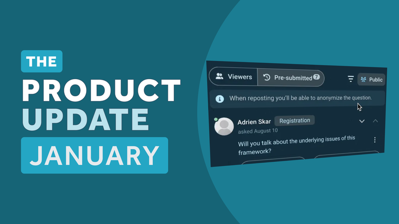Graphic titled "Product Update January" with a partial view of a software interface showing a user question on a blue background.