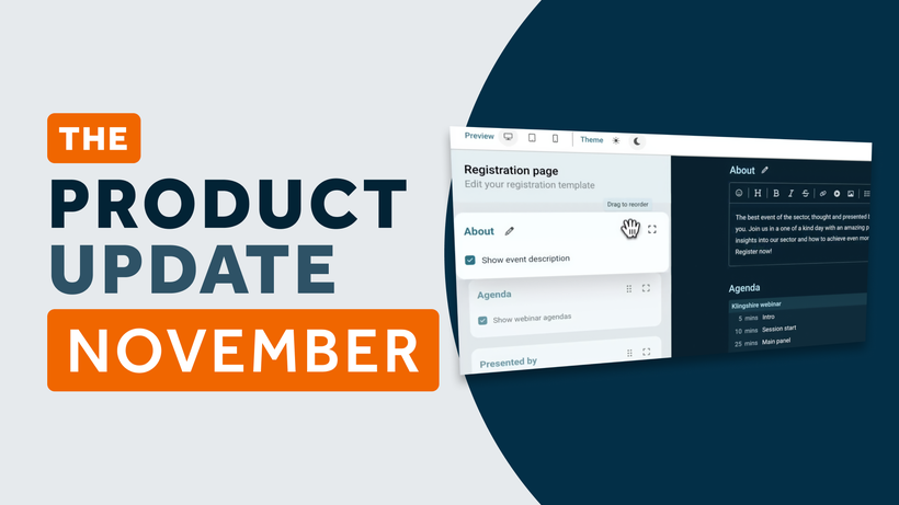 Graphic of a product update announcement for November, featuring a registration page interface with text and design elements.