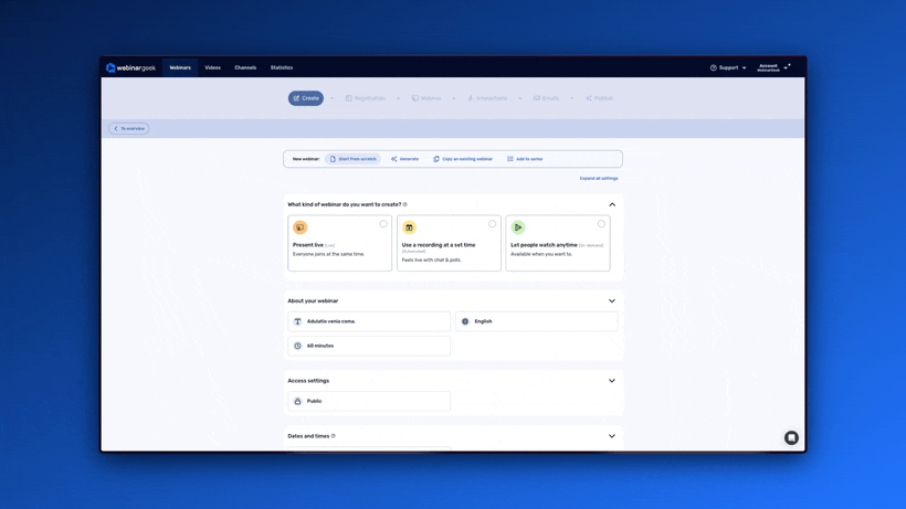 a gif showing the process of the AI webinar builder feature