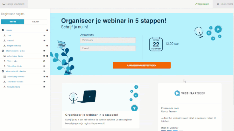 Video registration editor WebinarGeek