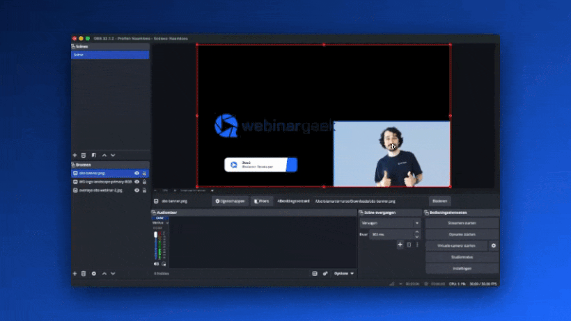 Obs software showing how to create overlays for a blog or webinar guy with thumbs up and logo