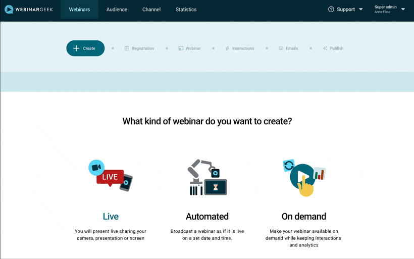 A short animation that shows how to create meetings with webinars and shows how that looks like