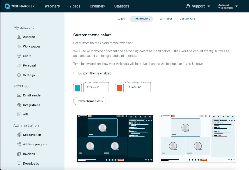 Branding option theme colors