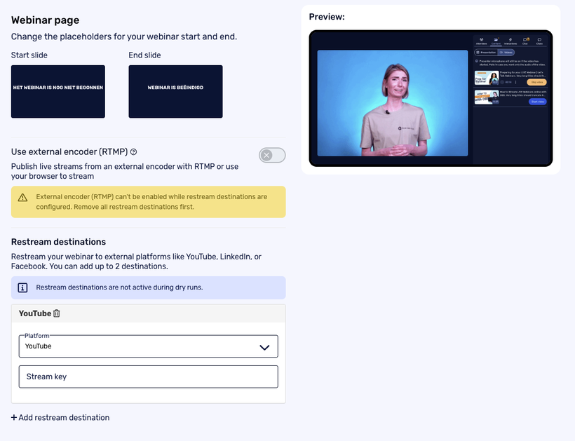 Webinar setup page showing stream options and preview of a presenter on a blue background, with YouTube as a selected destination.