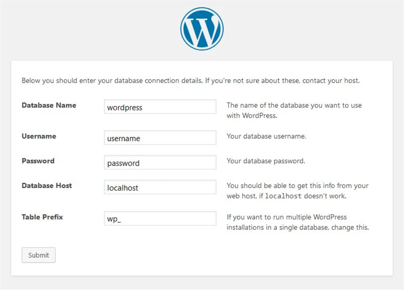 Wordpress Installation Screen
